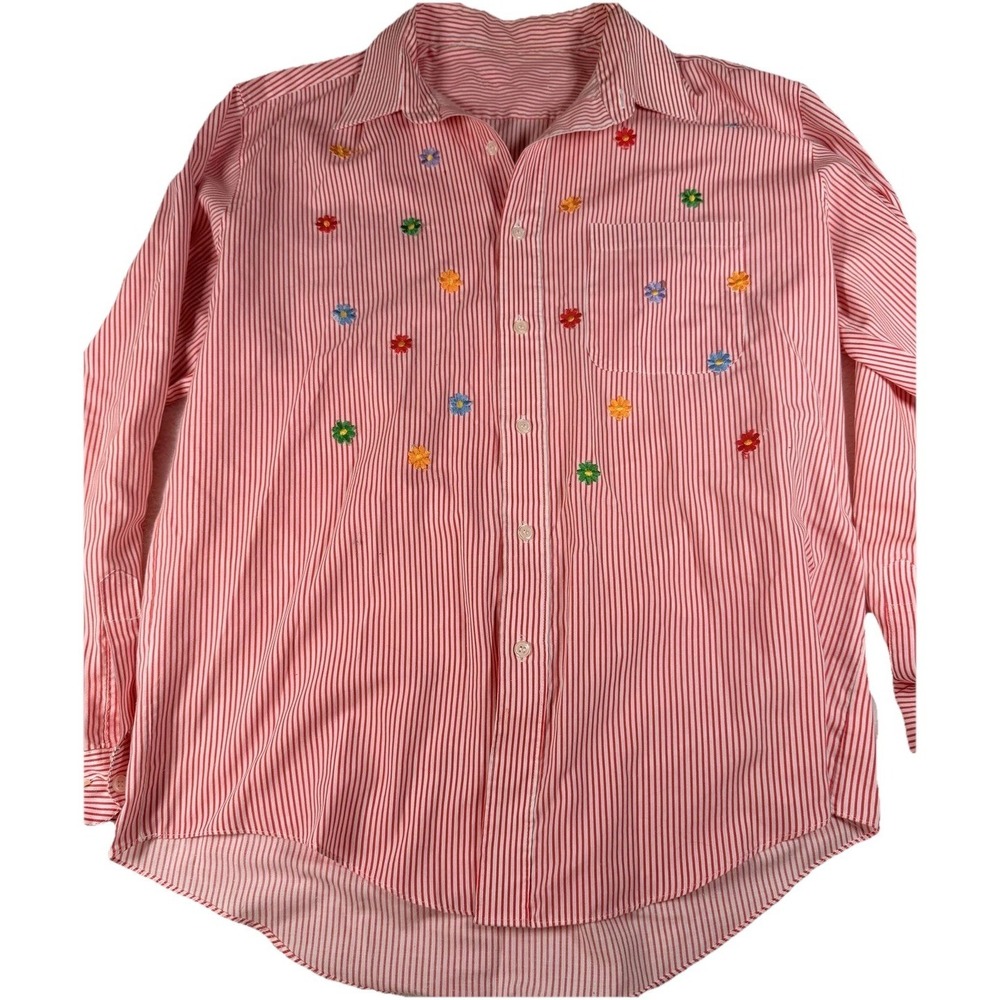 Button Up Shirt Womens Large Multicolor Long Sleeve Striped Floral‎ Embroidered